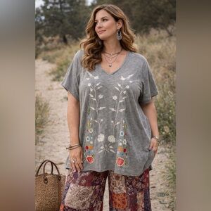 CAITE Embroidered Floral Boho Top Gray Cotton V-Neck 2X Handmade